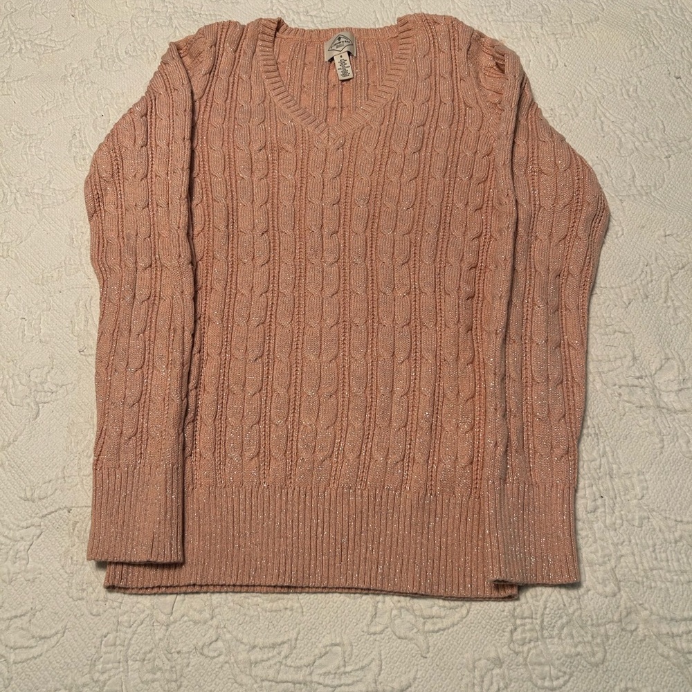St. John’s bay pink w silver running through the sweater.  Sweater in size S.